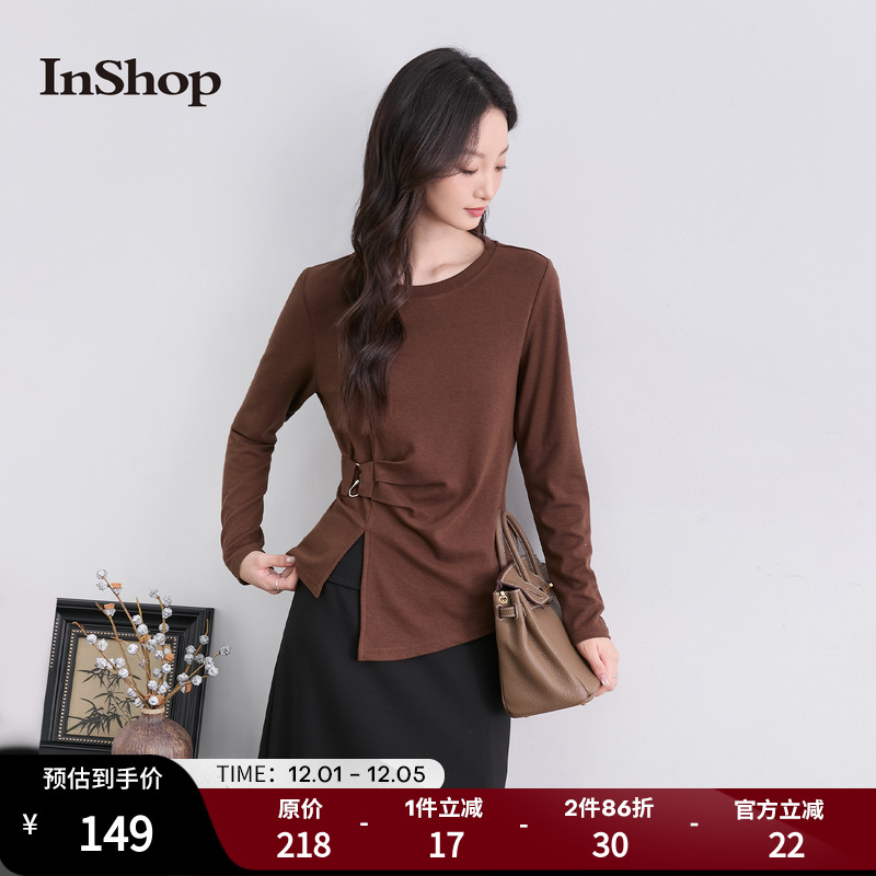 InShop【商场同款】新款女复古优雅简约t恤扣环开叉修身长袖上衣