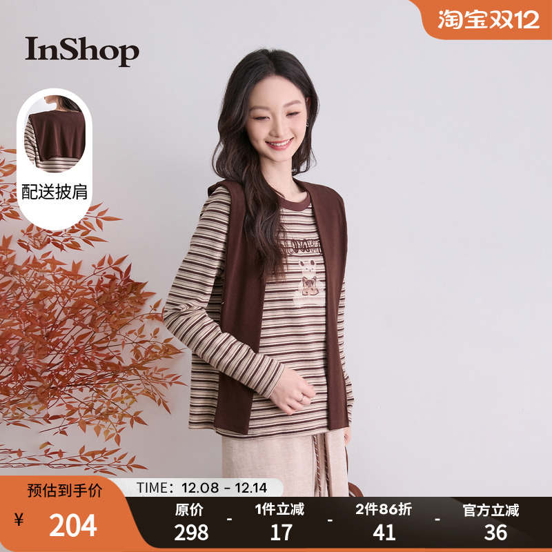 InShop【商场同款】新款女经典条纹刺绣t恤减龄百搭披肩长袖上衣