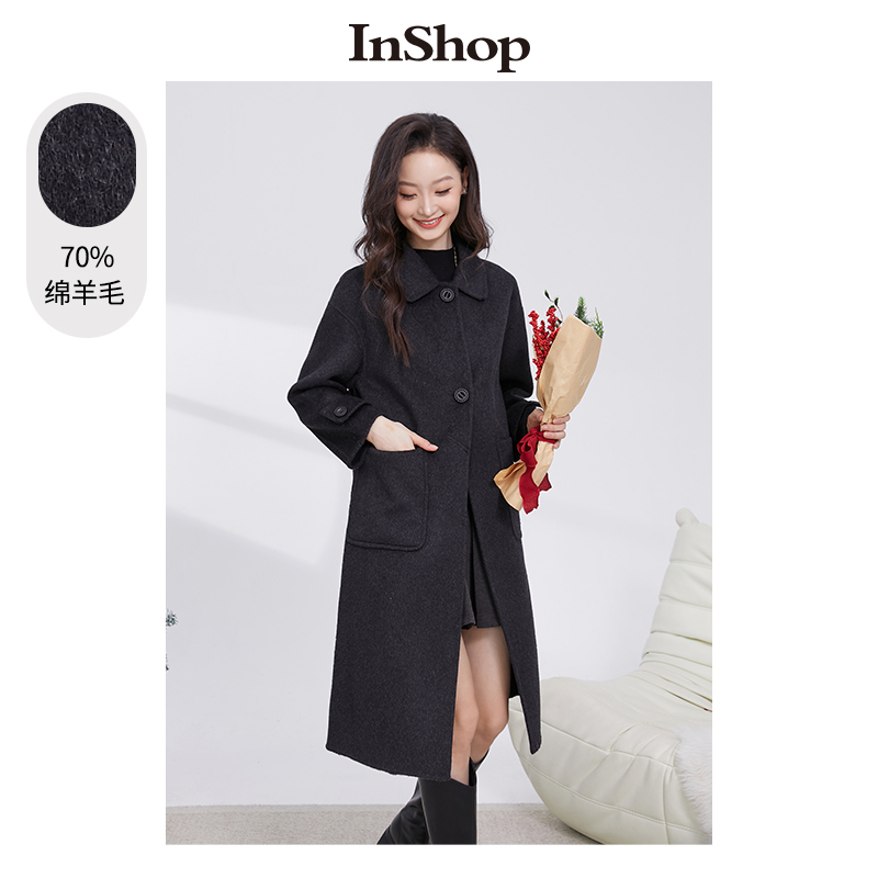 【商场同款】INSHOP新款优雅毛呢外套女高级感黑色翻领呢大衣
