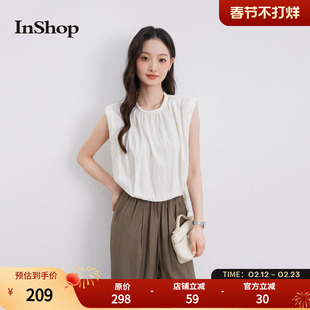 【商场同款】INSHOP新款文艺风无袖衬衫女质感锁边领口绑带上衣