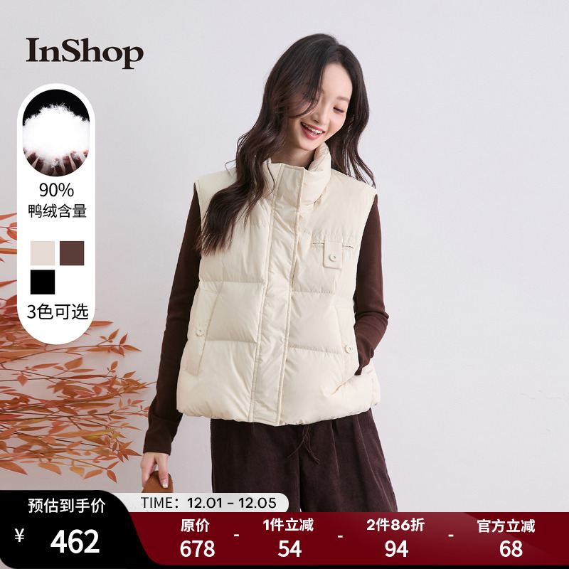 InShop【商场同款】新款女简约百搭羽绒马甲保暖抽绳短款上衣