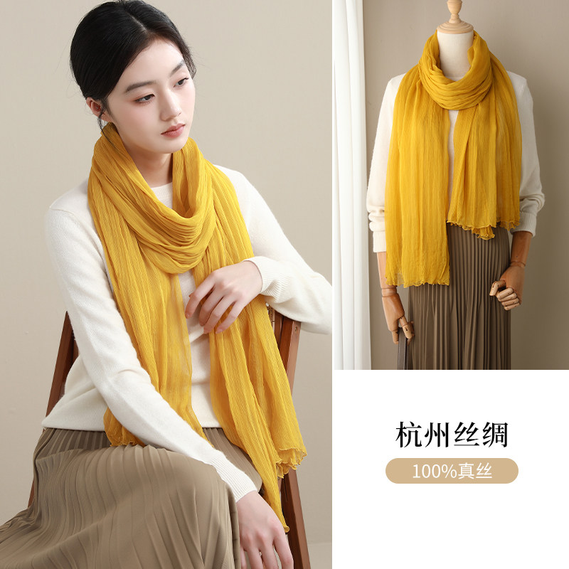 新款100%桑蚕丝顺纡皱长款真丝丝巾春秋冬季柔软雅致披肩两用护颈