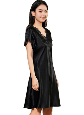 26新款女100%桑蚕丝可外穿真丝睡裙透气舒适睡衣修身黑色家居服