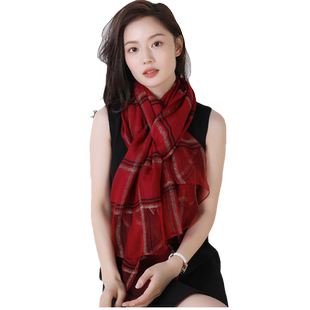 桑蚕丝羊毛金线格子长款丝巾春秋冬季百搭保暖真丝围巾酒红色披肩