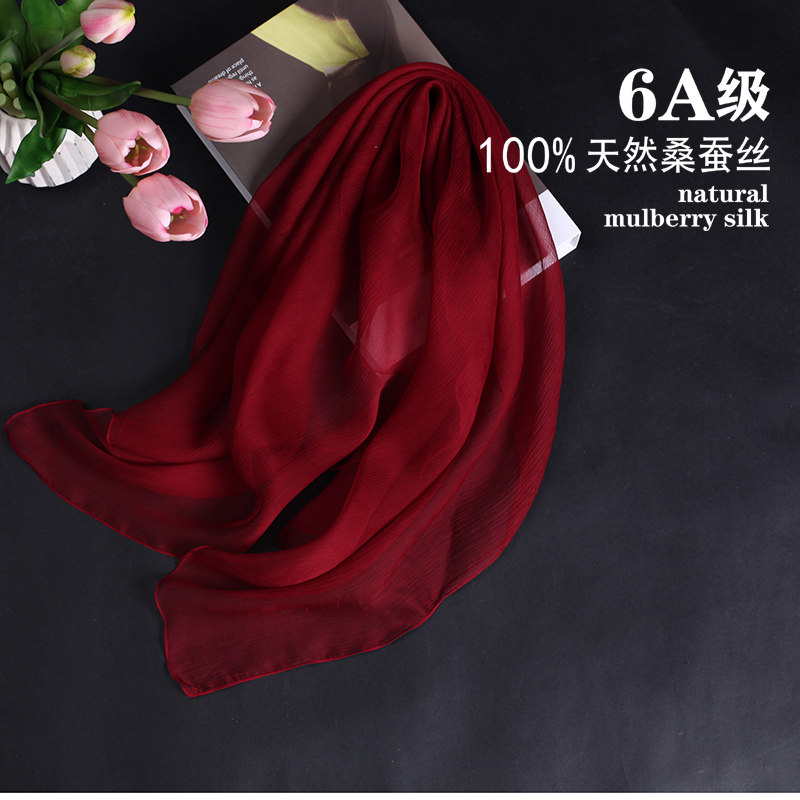 杭州100%春秋夏季酒红压皱小丝巾图片