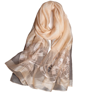 正品杭州丝绸真丝羊毛混纺精致绣花女长款丝巾经典披肩围巾杏色