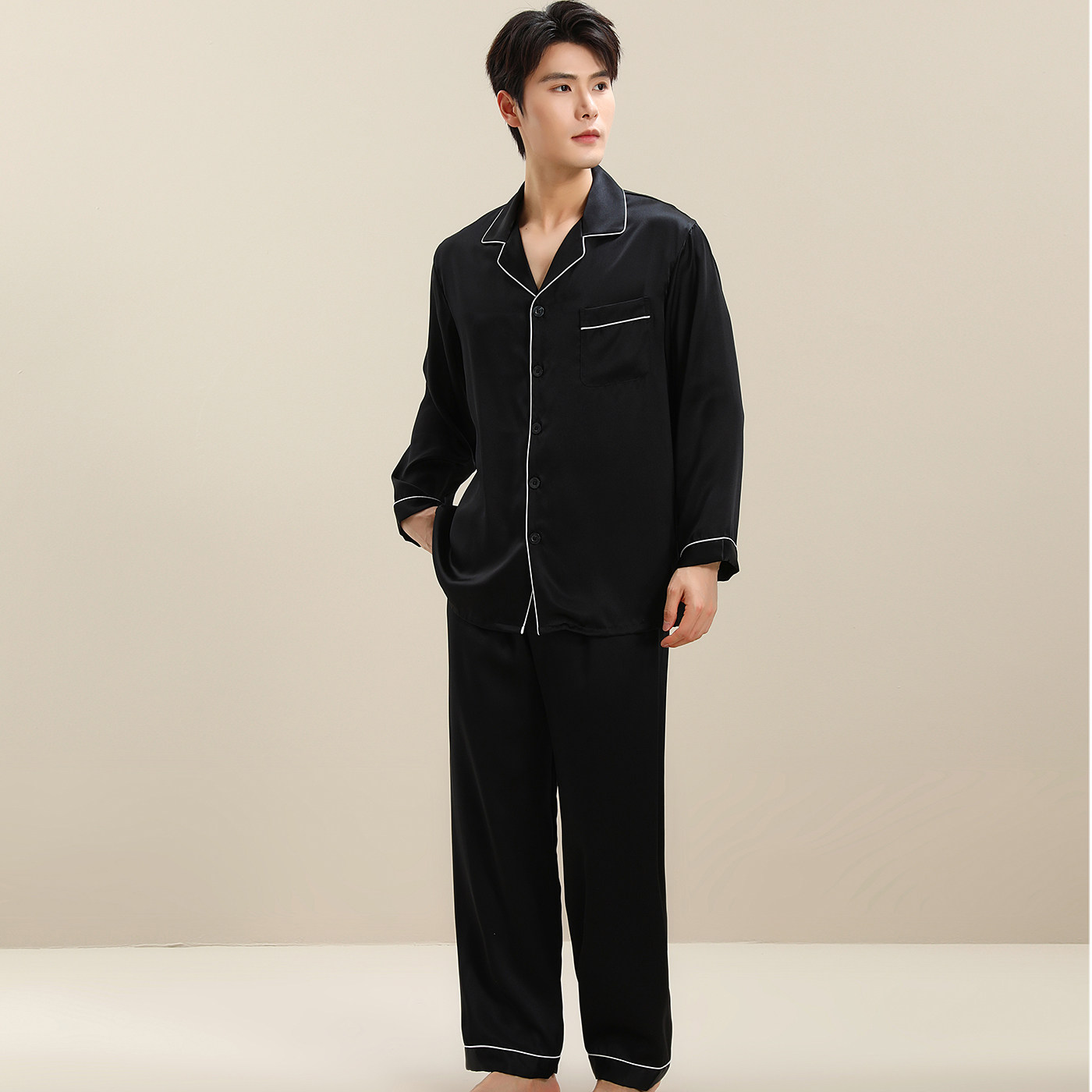 100%桑蚕丝新款纯色休闲重磅真丝男士套装丝绸家居服长袖长裤黑色
