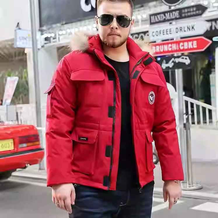 高端男式保暖红色大码羽绒服2025冬季款特大号潮胖子宽松外套男装