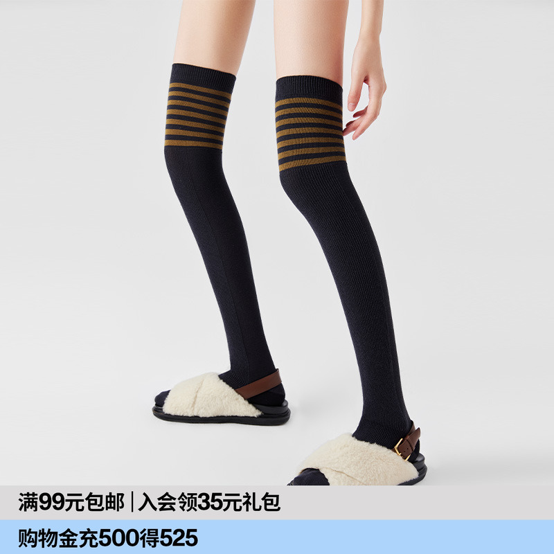 AR撞色条纹过膝袜堆堆袜袜子黑色显瘦长筒袜ins潮r线AlmondRocks