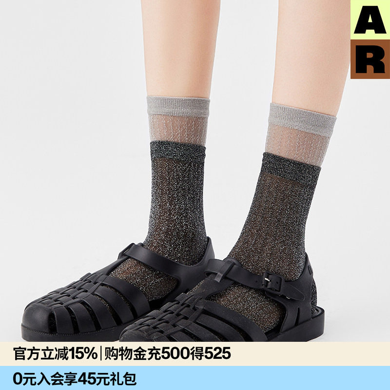 AR双罗口玻璃丝袜凉鞋袜2026新款夏黑色薄款袜子中筒水晶袜女透气