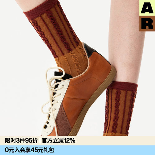 AR复古绞花中筒袜2026新款秋冬美拉德无骨外穿拼色乐福鞋袜子女