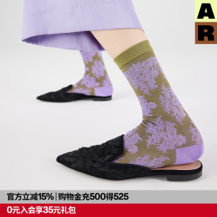 AR蕾丝花纹亮光丝中筒袜春秋紫色复古玛丽珍袜女 任选3件95折