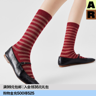 AR亮光丝条纹中筒袜子2025新款 情侣棉袜春秋堆堆袜女AlmondRocks