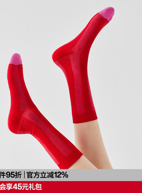 AR拼色竖条纹毛圈中筒袜秋冬保暖无骨袜女棉袜配皮鞋红色袜子马年