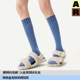 AR竖条纹半边绒小腿袜2025秋冬新款 保暖堆堆袜过膝袜加厚长筒袜女