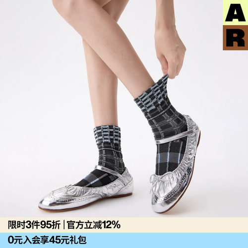 【意大利袜机】AR三段格纹亮光丝袜经典立体浮雕短筒袜撞色无骨袜