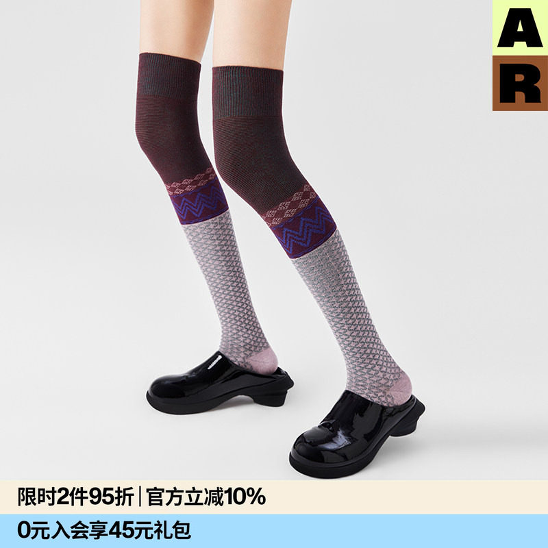 AR新中式古钱字纹过膝袜拼接长筒袜春夏女显瘦靴袜a线AlmondRocks