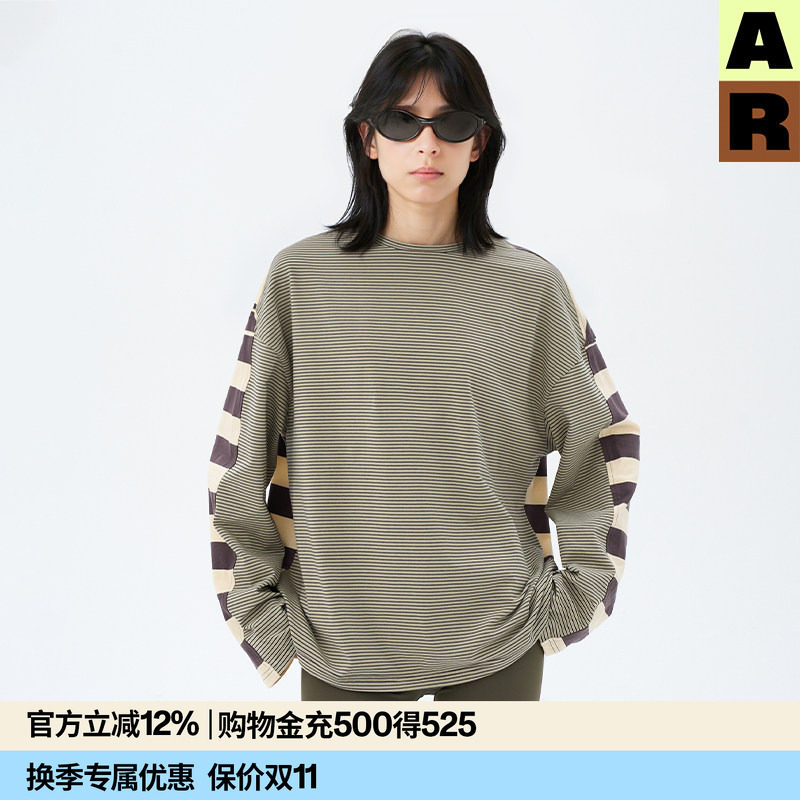 AR复古条纹miu系撞色拼接长袖T恤2026春秋宽松套头衫慵懒风上衣女图片