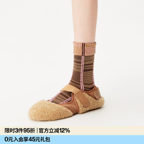 AR格纹棕色美拉德中筒袜春四季复古玛丽珍袜女无骨乐福鞋袜棉a线