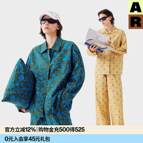AR植物印花原创家居服套装四季可外穿睡衣休闲宽松纯棉上衣长裤女