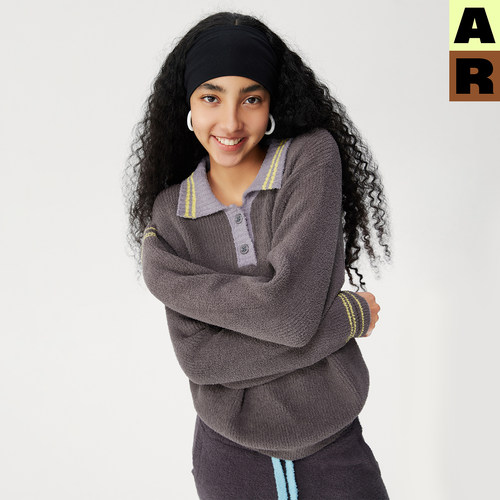 AR条纹polo领半边绒家居服可外穿休闲针织衫冬季睡衣almondrocks