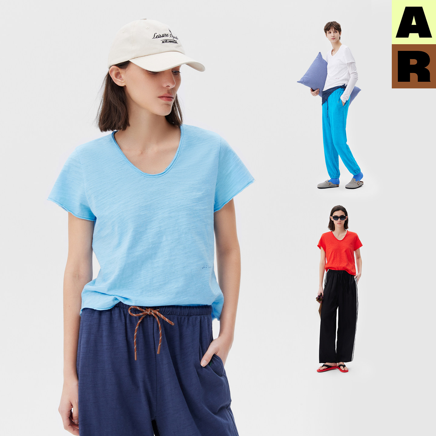 AR「softnotes」竹节棉V领清凉短袖T恤纯色显瘦打底衫休闲上衣女