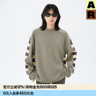 AR复古条纹miu系撞色拼接长袖 慵懒风上衣女 T恤2026春夏宽松套头衫
