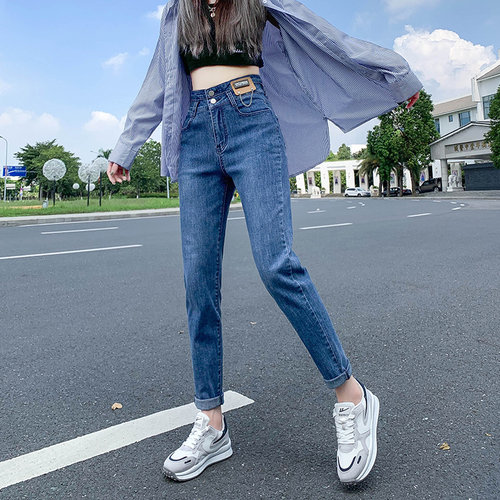 牛仔裤高腰宽松哈伦直筒岳境