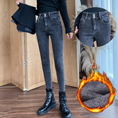 冬季 子 胖mm小脚显瘦裤 保暖加绒牛仔裤 女黑色双扣高腰加厚弹力大码