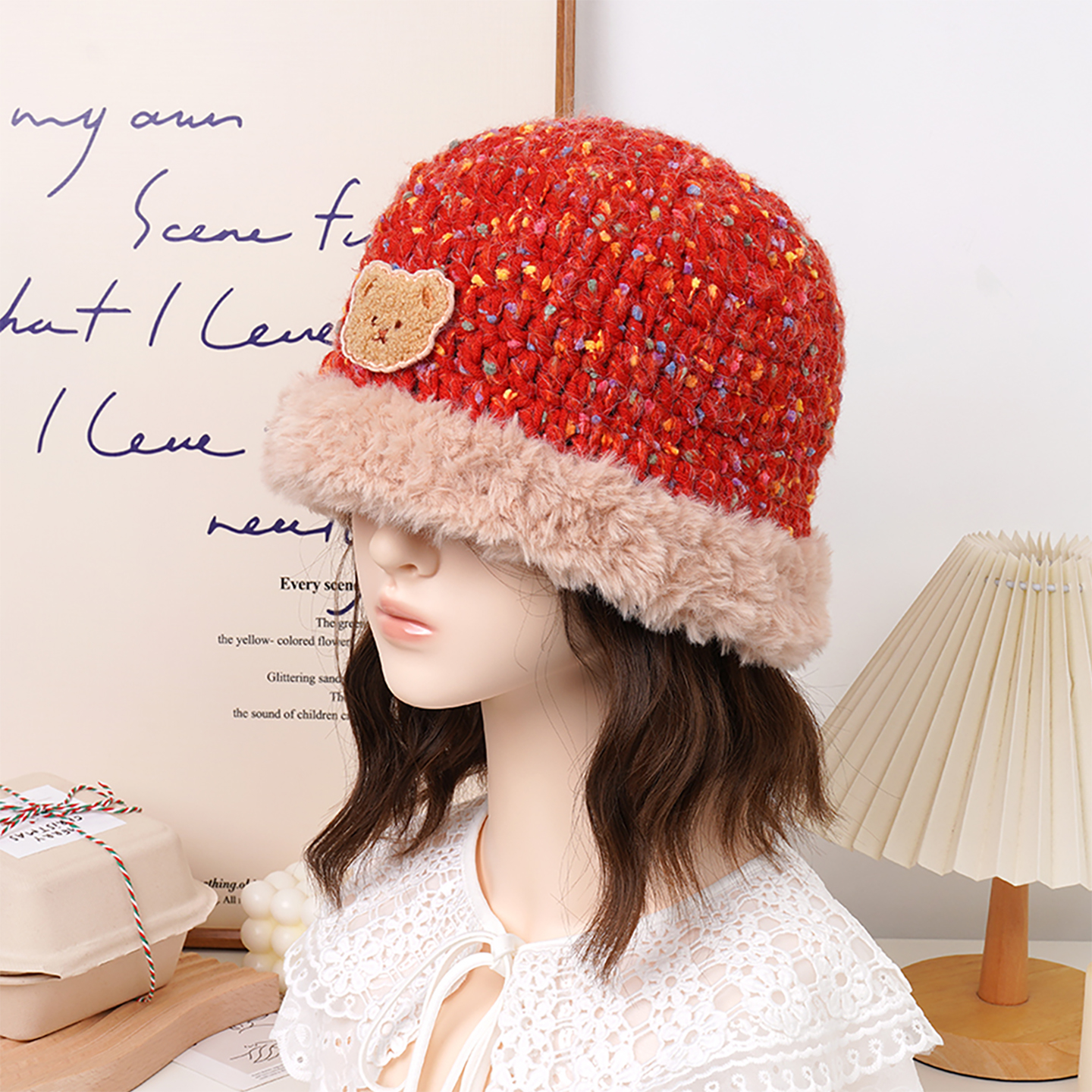 diy编织材料包小熊皮草渔夫帽子