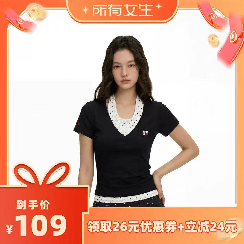 【所有女生直播间】F426夏季新款复古波点挂脖假两件短袖T恤