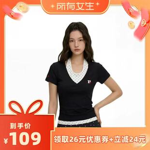 【所有女生直播间】F426夏季新款复古波点挂脖假两件短袖T恤