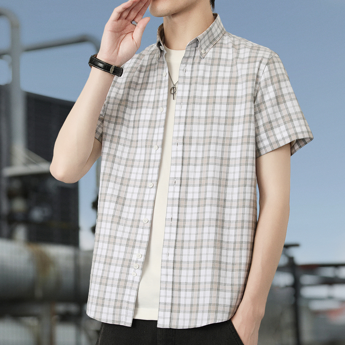 薄款抗皱格子天丝棉短袖衬衫