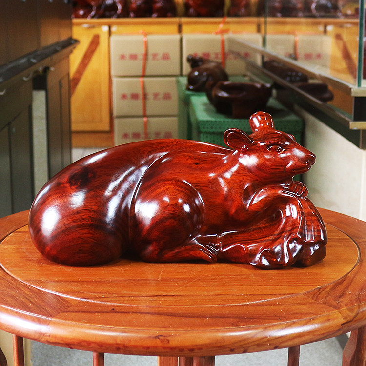 红木雕刻老鼠摆件木质实木布袋福气生肖老鼠新年吉祥物