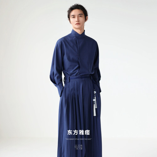 乱山昏 东方雅痞新中式国风原创藏蓝色立领束袖通勤休闲衬衫男薄