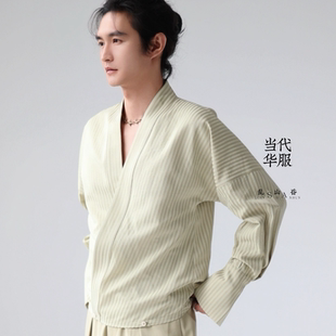 乱山昏当代华服新中式国风原创绿条纹交领通勤休闲衬衫男汉服日常