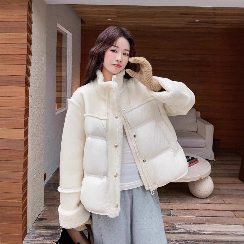 设计感羊羔毛拼接立领短款羽绒服女2025新款冬装巨好看白鸭绒外套,女装/女士精品,羽绒服,淘宝优惠券,粉丝福利购,淘宝优惠卷