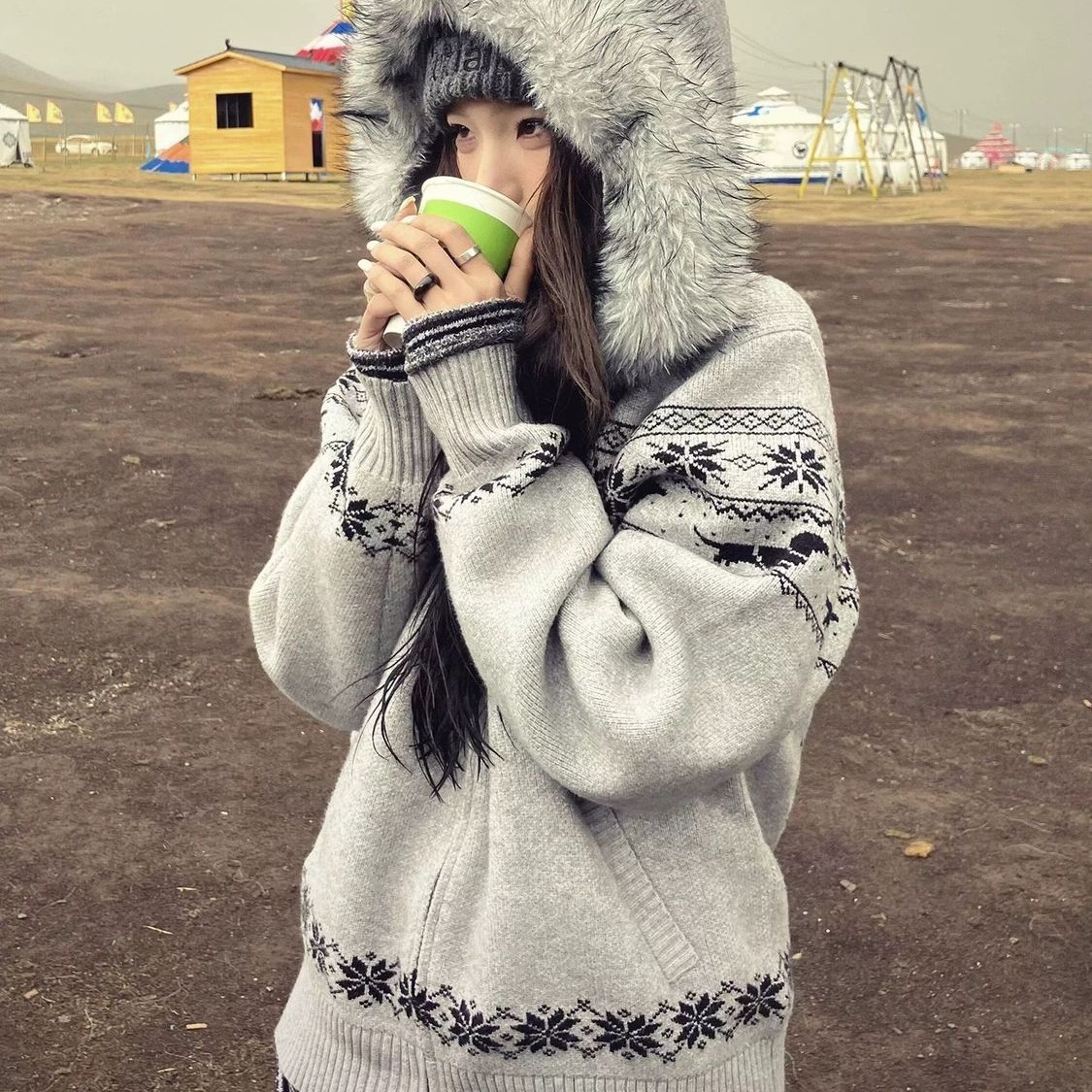 费尔岛毛衣开衫慵懒感女秋季毛领连帽针织衫软糯外套宽松上衣