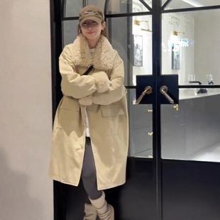 杏色复古毛毛拼接立领白鸭绒羽绒服中长款派克服百搭保暖长款外套