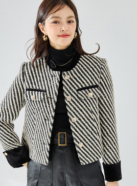 盛宏秋季新款法式黑白斜纹粗花呢拼接立领小香风短款外套女12197