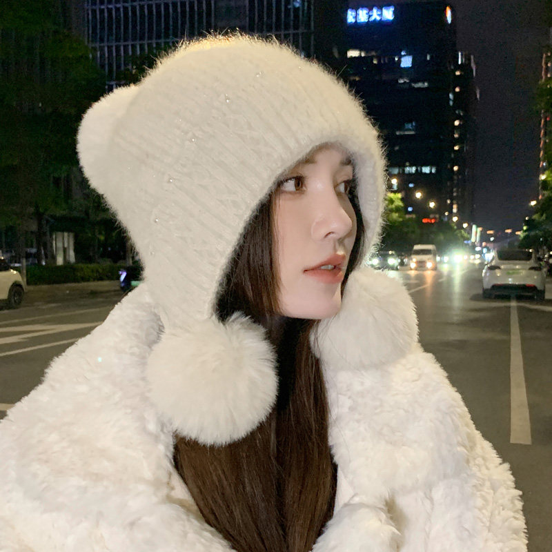 帽子围脖套装女秋冬加厚保暖护耳针织毛线帽甜美可爱防风寒兔毛帽
