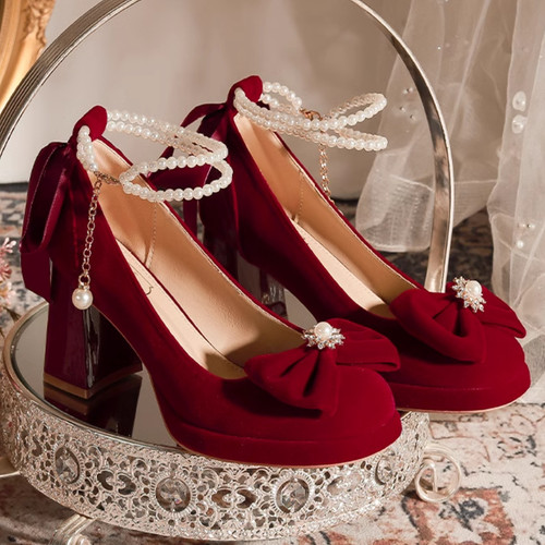 一字带粗跟不累脚订婚敬酒鞋