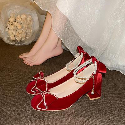 绝美红色订婚鞋公主蝴蝶结
