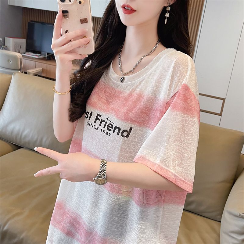2025年韩版夏季新款扎染薄纱运动小心机透视装中长款短袖T恤女潮