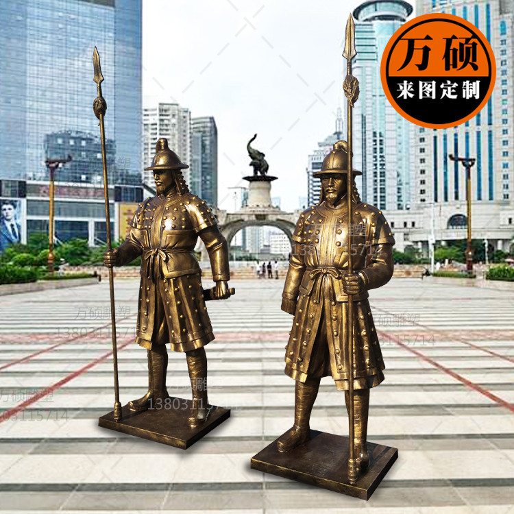 玻璃钢仿铜古代武士迎宾雕塑