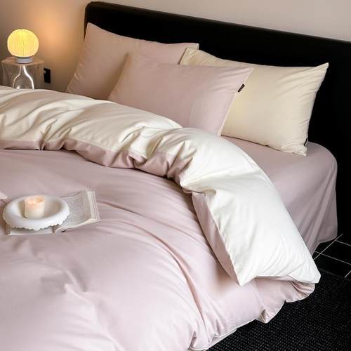 简约风纯色双拼S100纯棉长绒棉四件套高级感秋冬季全棉磨毛床品