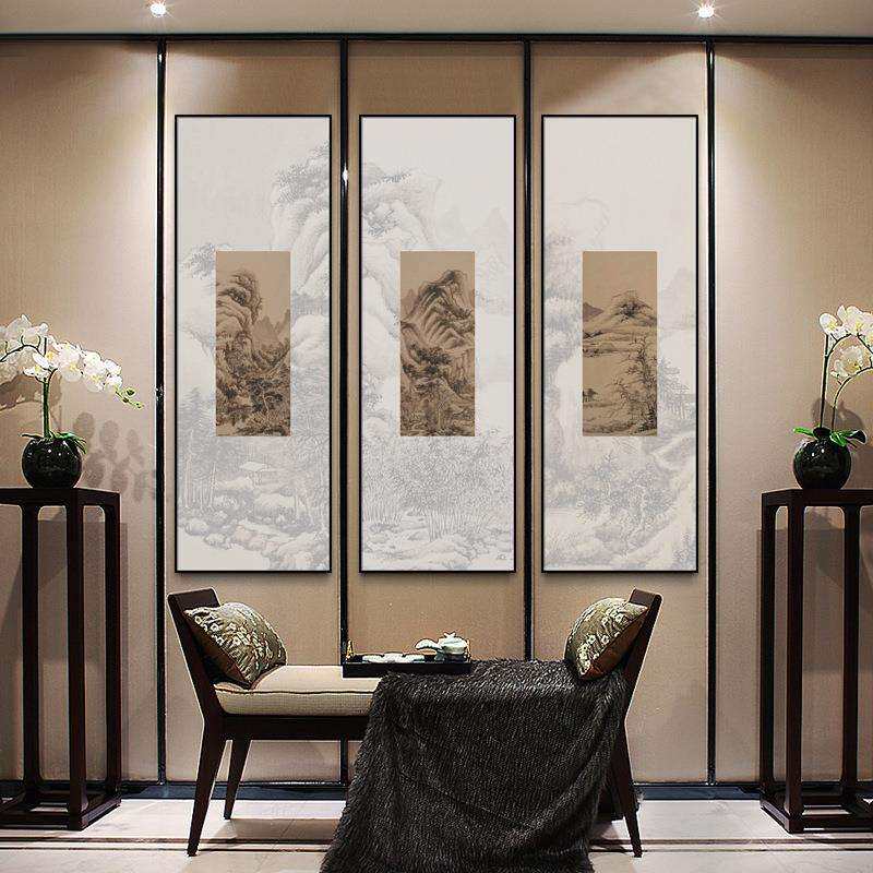 新中式古典组合装饰画山水抽象茶室组合挂画样板间艺术配画竖版画