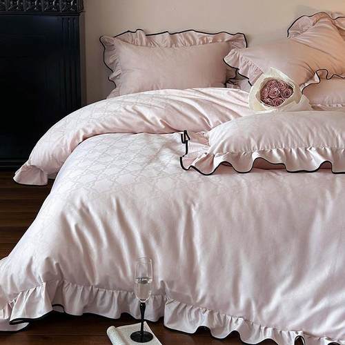 100S贡缎长绒棉提花床单四件套法式花边款纯棉嵌边被套床上用品
