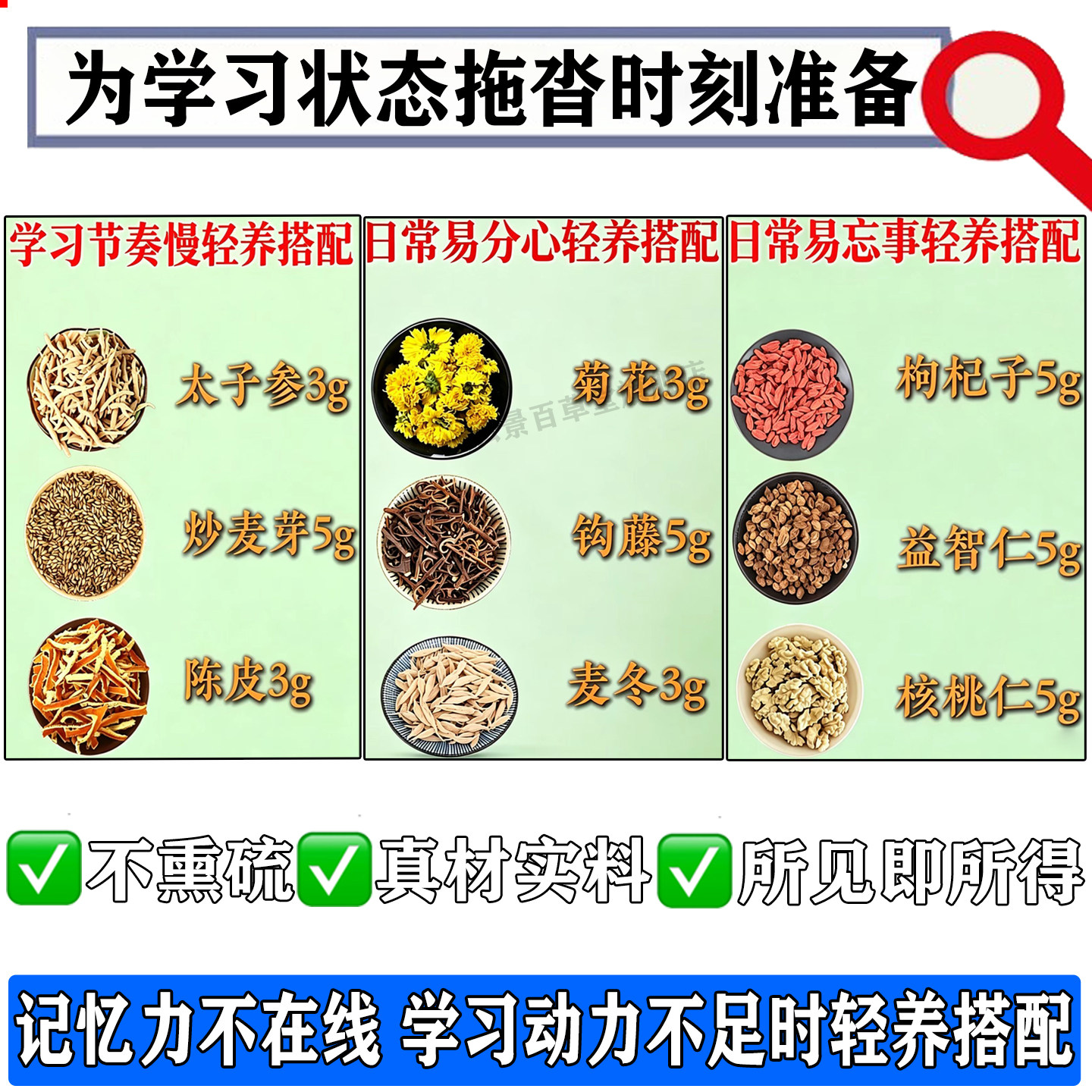 太子参炒麦芽陈皮菊花钩藤麦冬枸杞益智仁核桃仁原料包学生适用