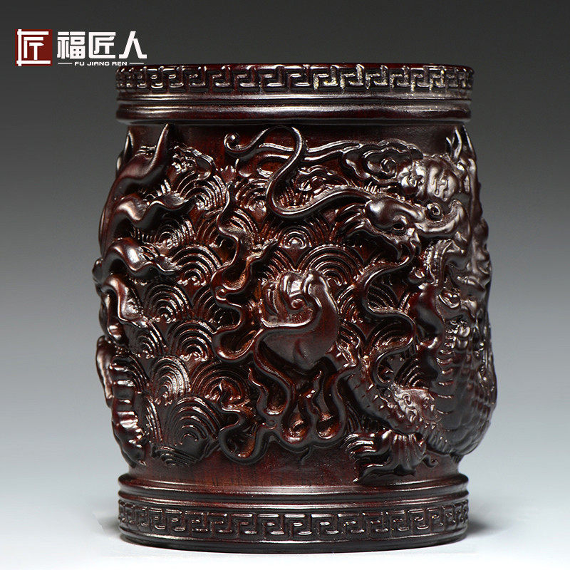 黑檀木雕双龙戏珠笔筒摆件红木办公室桌面装饰工艺品送长辈送领导